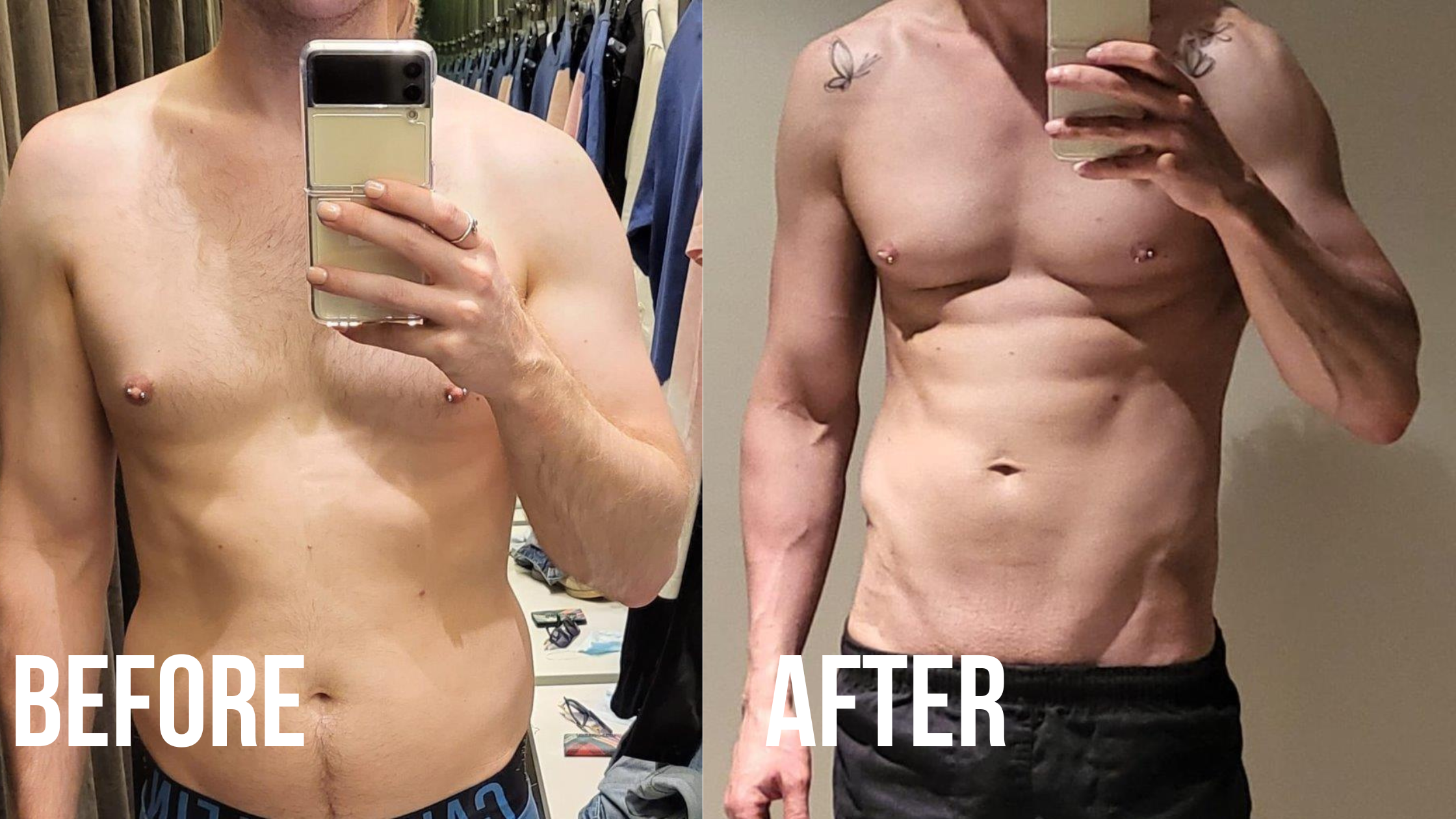 Fat freezing before and after revealing enhanced muscle definition in the torso.